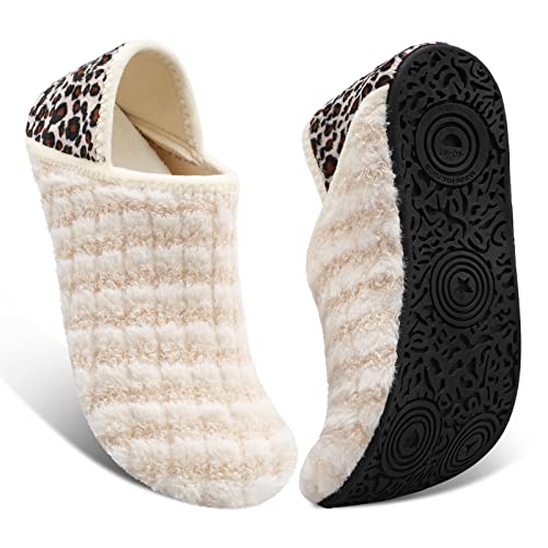 Fires Unisex Mens Slippers Womens Slippers Socks with Rubber Sole Fuzzy Slippers for Women Men House Slippers with Moisture-wicking Velvet Lining Around Home Shoes for with Non Slip Rubber SoleIndoor/Outdoor & Travel BeigeStripe 9.5-10 Women/8-8.5 Men