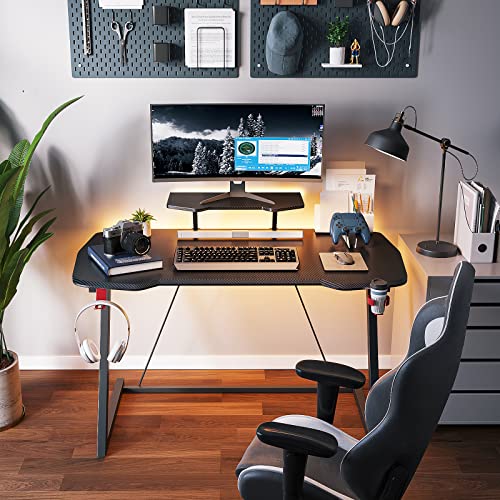 MOTPK Gaming Desk with LED Lights, Small Gaming Table Desk 39 inch Z Shaped, Gamer Desk Ergonomic Sturdy, Kids Computer Desk with Monitor Stand Cup Holder and Headphone Hook, Black, Gift Idea