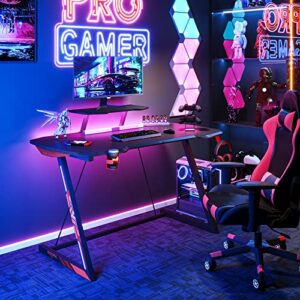 MOTPK Gaming Desk with LED Lights, Small Gaming Table Desk 39 inch Z Shaped, Gamer Desk Ergonomic Sturdy, Kids Computer Desk with Monitor Stand Cup Holder and Headphone Hook, Black, Gift Idea