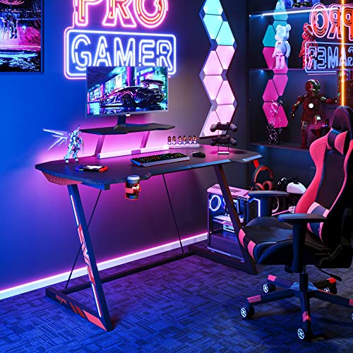 MOTPK Gaming Desk with LED Lights, Small Gaming Table Desk 39 inch Z Shaped, Gamer Desk Ergonomic Sturdy, Kids Computer Desk with Monitor Stand Cup Holder and Headphone Hook, Black, Gift Idea