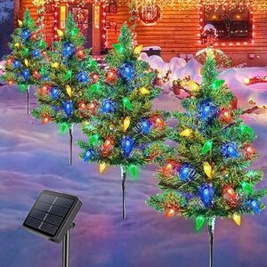 homeleo 4 set solar christmas tree w/ 80pcs multicolor c6 led christmas lights for outdoor christmas decorations,solar powered prelit small christmas tree for holiday outside pathway garden yard decor