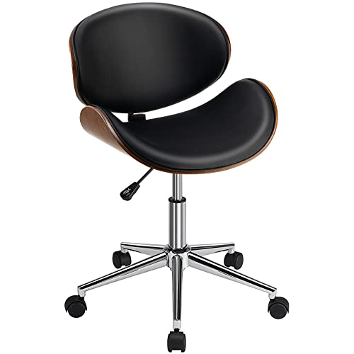 Giantex Mid-Century Home Desk Chair, Faux Leather Armless Office Chair w/Curved Bentwood Seat & Height Adjustable,Ergonomic Modern Rolling Swivel Computer Chair Study Room Office Bedroom,Black