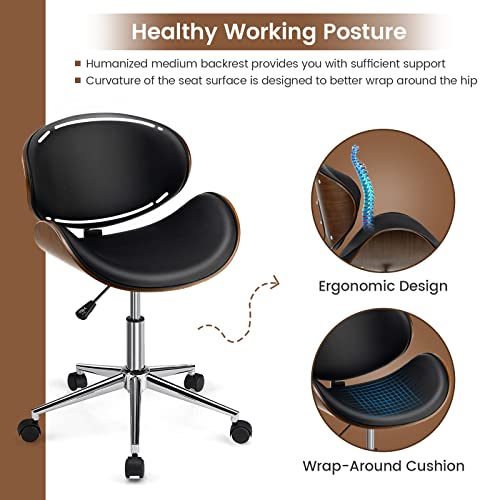 Giantex Mid-Century Home Desk Chair, Faux Leather Armless Office Chair w/Curved Bentwood Seat & Height Adjustable,Ergonomic Modern Rolling Swivel Computer Chair Study Room Office Bedroom,Black
