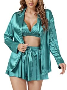 lyaner women’s 3 pieces satin cami shorts pajamas rope set crop sleepwear lingerie loungewear set turquoise medium
