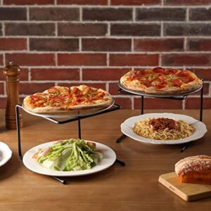 mygift set of 6 black metal pizza pan riser stands - tabletop hot and cold food platter tray display - countertop baking sheet wire cooling racks