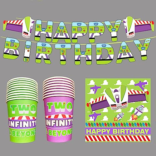 METIXOZE Two Infinity and Beyond Birthday Decorations Buzz Cartoon Light inspired Year Toy Inspired Story Birthday Party Supplies 2nd Birthday include Banner Table Cloth Plate Napkins and Cups