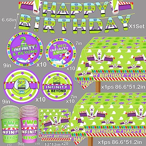 METIXOZE Two Infinity and Beyond Birthday Decorations Buzz Cartoon Light inspired Year Toy Inspired Story Birthday Party Supplies 2nd Birthday include Banner Table Cloth Plate Napkins and Cups