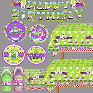 METIXOZE Two Infinity and Beyond Birthday Decorations Buzz Cartoon Light inspired Year Toy Inspired Story Birthday Party Supplies 2nd Birthday include Banner Table Cloth Plate Napkins and Cups