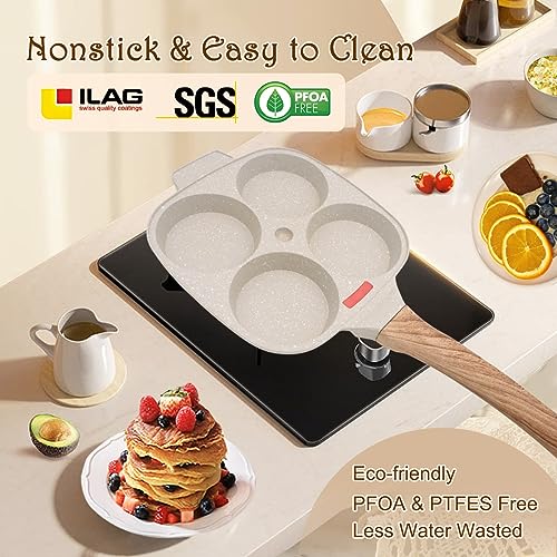 Egg Pan,Egg Frying Pan with Lid Nonstick 4 Cups Pancake Pan Fried Egg Pan for Breakfast, Gas Stove & Induction Compatible (White)