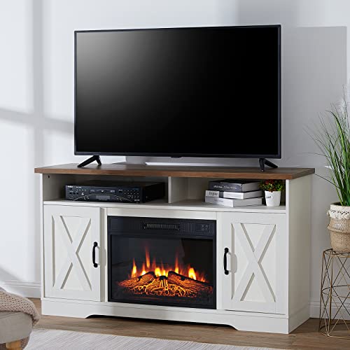 AMERLIFE Fireplace TV Stand 54'' Farmhouse Barn Door Entertainment Center for TVs up to 60'' Mordern Media Console Table with 2 Open Shelves and Cabinets, Rustic Oak & White, 30'' H/with Fireplace