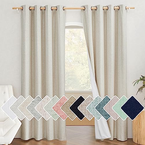 NICETOWN Natural 100% Blackout Linen Curtains 84 inch Long Burg for Living Room, Farmhouse Thick Completely Bedroom Thermal Insulated Drapes Window Treatment Panels (1 Pair, 52" Width Each Panel)