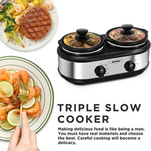 Slow Cooker, Dual and Triple Slow Cooker Buffet Server Multiple Pot Food Warmer, Slow Cooker Buffet Food Warmer Adjustable Temp Lid Rests Stainless Steel