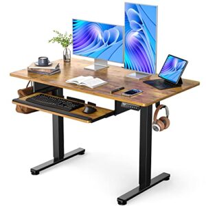 ergear electric standing desk with full size keyboard tray, adjustable height sit stand up desk, home office desk computer workstation, 48x24 inches, vintage brown