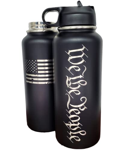 WTP We The People American Flag Stainless Steel Water Bottle Insulated - Double Walled Two-Sided Laser Engraved Hydration Bottle Hot or Cold / 32 oz US Constitution