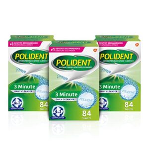 polident 3 minute triple mint antibacterial denture cleanser effervescent tablets, 3x84 count