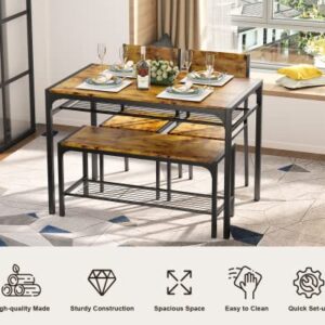 Gizoon Kitchen Table and 2 Chairs for 4 with Bench, 4 Piece Dining Table Set for Small Space, Apartment (Rustic Brown)