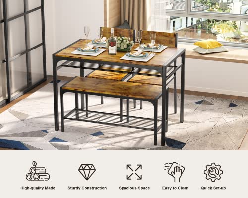 Gizoon Kitchen Table and 2 Chairs for 4 with Bench, 4 Piece Dining Table Set for Small Space, Apartment (Rustic Brown)