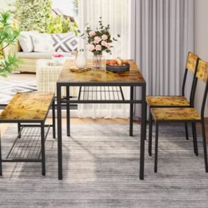 Gizoon Kitchen Table and 2 Chairs for 4 with Bench, 4 Piece Dining Table Set for Small Space, Apartment (Rustic Brown)