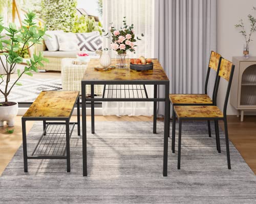 Gizoon Kitchen Table and 2 Chairs for 4 with Bench, 4 Piece Dining Table Set for Small Space, Apartment (Rustic Brown)