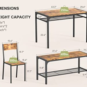 Gizoon Kitchen Table and 2 Chairs for 4 with Bench, 4 Piece Dining Table Set for Small Space, Apartment (Rustic Brown)