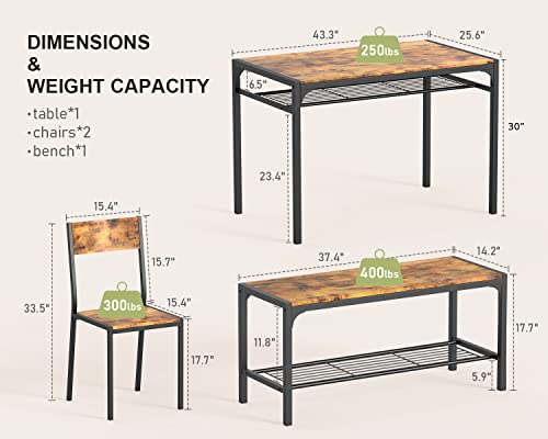 Gizoon Kitchen Table and 2 Chairs for 4 with Bench, 4 Piece Dining Table Set for Small Space, Apartment (Rustic Brown)