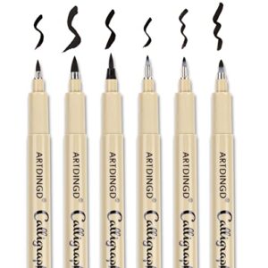 artdingd calligraphy brush pens, hand lettering pens, pack of 6 brush markers set, soft and hard tip for beginners writing, art drawings, water color illustrations, journaling, black ink