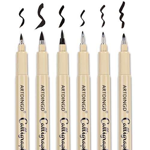 ARTDINGD Calligraphy Brush Pens, Hand Lettering Pens, Pack of 6 Brush Markers Set, Soft and Hard Tip for Beginners Writing, Art Drawings, Water Color Illustrations, Journaling, Black Ink