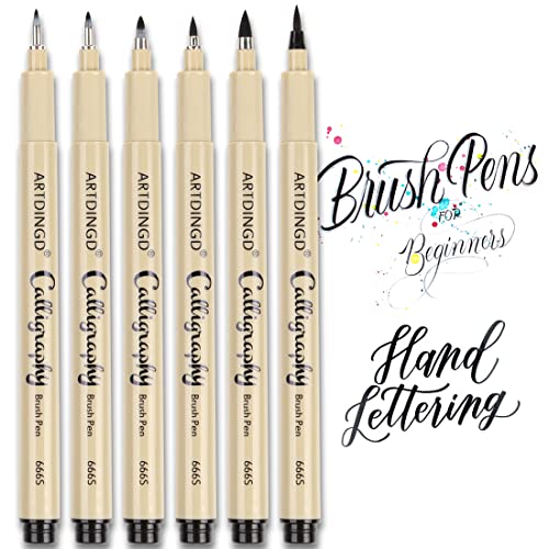 ARTDINGD Calligraphy Brush Pens, Hand Lettering Pens, Pack of 6 Brush Markers Set, Soft and Hard Tip for Beginners Writing, Art Drawings, Water Color Illustrations, Journaling, Black Ink