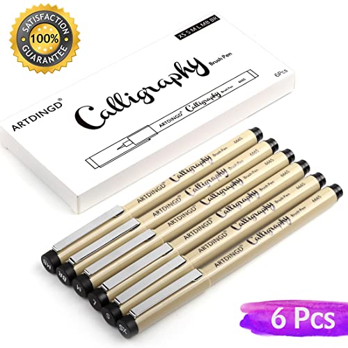 ARTDINGD Calligraphy Brush Pens, Hand Lettering Pens, Pack of 6 Brush Markers Set, Soft and Hard Tip for Beginners Writing, Art Drawings, Water Color Illustrations, Journaling, Black Ink