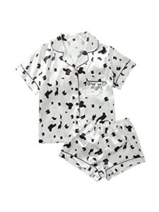wdirara women's sleepwear cow print satin short sleeve shirt and shorts pajama set black and white l