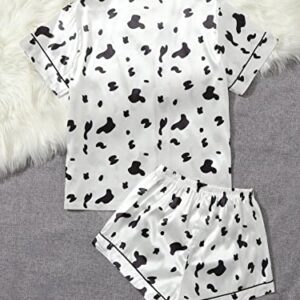 WDIRARA Women's Sleepwear Cow Print Satin Short Sleeve Shirt and Shorts Pajama Set Black and White L