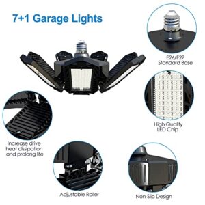 Led Garage Light, 2 Pack 240w Led Workshop Ceiling Light 24000LM, E26/E27 6500k Daylight Ultra Bright Garage Lighting , Deformable 7+1 Adjustable Panels Basement Bulb For Barn, Warehouse, Garage