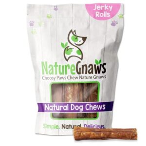 nature gnaws beef jerky stuffed rolls for dogs - single ingredient beef gullet chew treats - simple natural delicious dog chews - training reward - 5 inch - 6 count