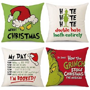 Christmas Pillow Covers 18x18 Set of 4 for Christmas Decorations,Grinch Christmas Decorations Throw Pillow Covers Merry Christmas Grinch Pillow Cases Christmas Pillows for Sofa Couch Indoor Outdoor