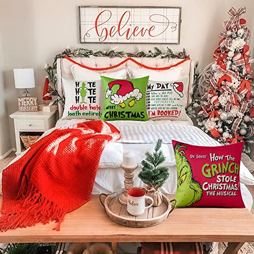 Christmas Pillow Covers 18x18 Set of 4 for Christmas Decorations,Grinch Christmas Decorations Throw Pillow Covers Merry Christmas Grinch Pillow Cases Christmas Pillows for Sofa Couch Indoor Outdoor