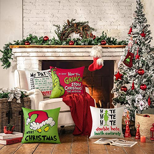 Christmas Pillow Covers 18x18 Set of 4 for Christmas Decorations,Grinch Christmas Decorations Throw Pillow Covers Merry Christmas Grinch Pillow Cases Christmas Pillows for Sofa Couch Indoor Outdoor