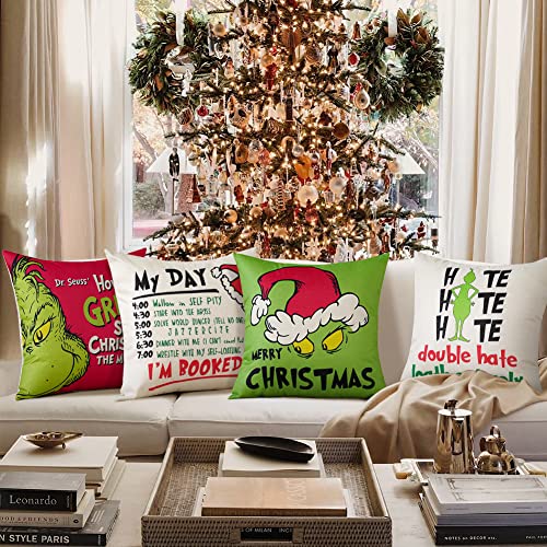 Christmas Pillow Covers 18x18 Set of 4 for Christmas Decorations,Grinch Christmas Decorations Throw Pillow Covers Merry Christmas Grinch Pillow Cases Christmas Pillows for Sofa Couch Indoor Outdoor