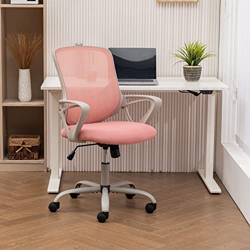 Home Office Desk Chair Ergonomic Computer Chair Modern Height Adjustable Swivel Chair Mesh Chair with Fixed Armrests/Lumbar Support, Pink