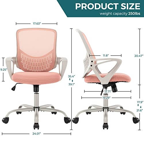 Home Office Desk Chair Ergonomic Computer Chair Modern Height Adjustable Swivel Chair Mesh Chair with Fixed Armrests/Lumbar Support, Pink