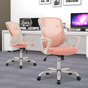 Home Office Desk Chair Ergonomic Computer Chair Modern Height Adjustable Swivel Chair Mesh Chair with Fixed Armrests/Lumbar Support, Pink
