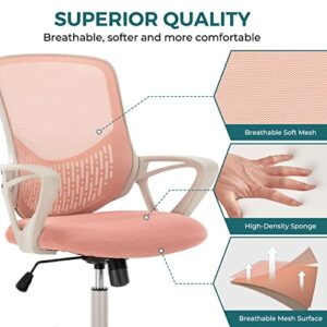 Home Office Desk Chair Ergonomic Computer Chair Modern Height Adjustable Swivel Chair Mesh Chair with Fixed Armrests/Lumbar Support, Pink