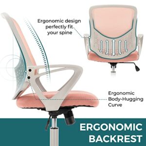 Home Office Desk Chair Ergonomic Computer Chair Modern Height Adjustable Swivel Chair Mesh Chair with Fixed Armrests/Lumbar Support, Pink