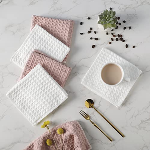 Microfiber Premium Dish Cloths, 12 x 12 inches, Super Absorbent and Soft, Waffle Weave Designed Lint-Free Reusable Kitchen Towels, Perfect for Household Cleaning (Pink&White, 6)