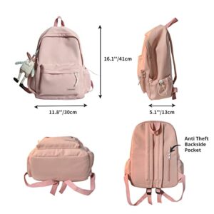 KOWVOWZ Kawaii Cute Aesthetic School Laptop Backpack with Accessories Plush Pendant for Teen Girls (White, without Mr. Rabbit)
