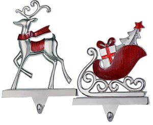 christmas stocking holders for mantle set,silver christmas stocking hangers for fireplace ,deer and sleigh mantel hanger hooks for stocking hanging ornament firepiece xmas decor (reindeer and sleigh)