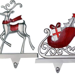 Christmas Stocking Holders for Mantle Set,Silver Christmas Stocking Hangers for Fireplace ,Deer and Sleigh Mantel Hanger Hooks for Stocking Hanging Ornament Firepiece Xmas Decor (Reindeer and Sleigh)