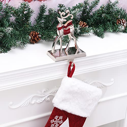 Christmas Stocking Holders for Mantle Set,Silver Christmas Stocking Hangers for Fireplace ,Deer and Sleigh Mantel Hanger Hooks for Stocking Hanging Ornament Firepiece Xmas Decor (Reindeer and Sleigh)