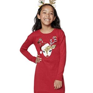 The Children's Place Girls' Long Sleeve Fashion Dress, Red Chistmas Reindeer, Large (10/12)