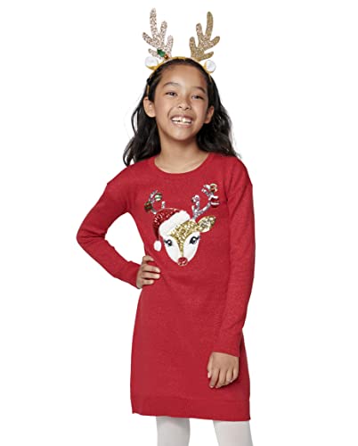 The Children's Place Girls' Long Sleeve Fashion Dress, Red Chistmas Reindeer, Large (10/12)