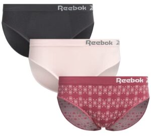 reebok women's underwear - seamless microfiber bikini panties (3 pack), size medium, jacquard/lotus/black